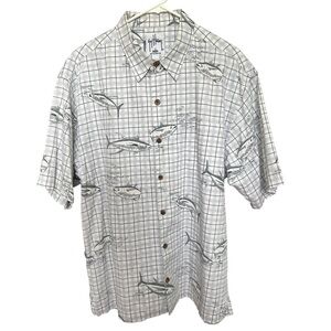 Guy Harvey Aftco Bluewater Shirt Men's Large Button-Up Hawaiian Fish Plaid Beige